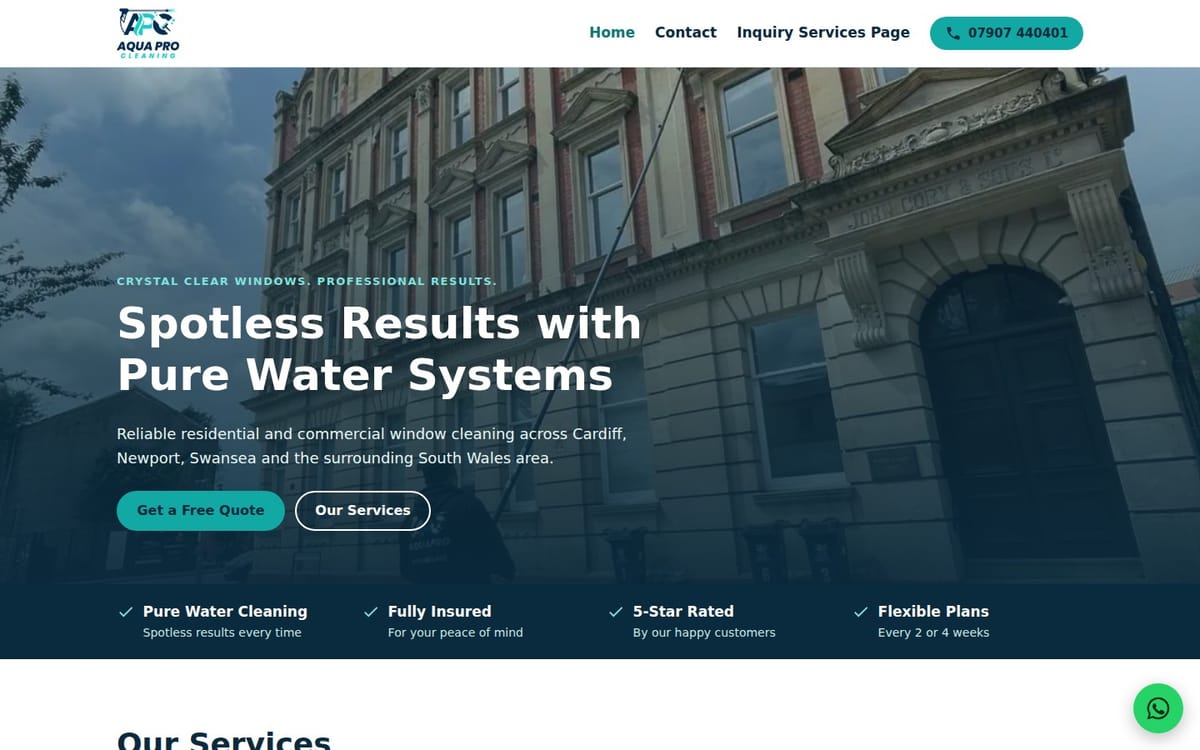 Homepage of the Aqua Pro Cleaning website built by PipeLine Flow