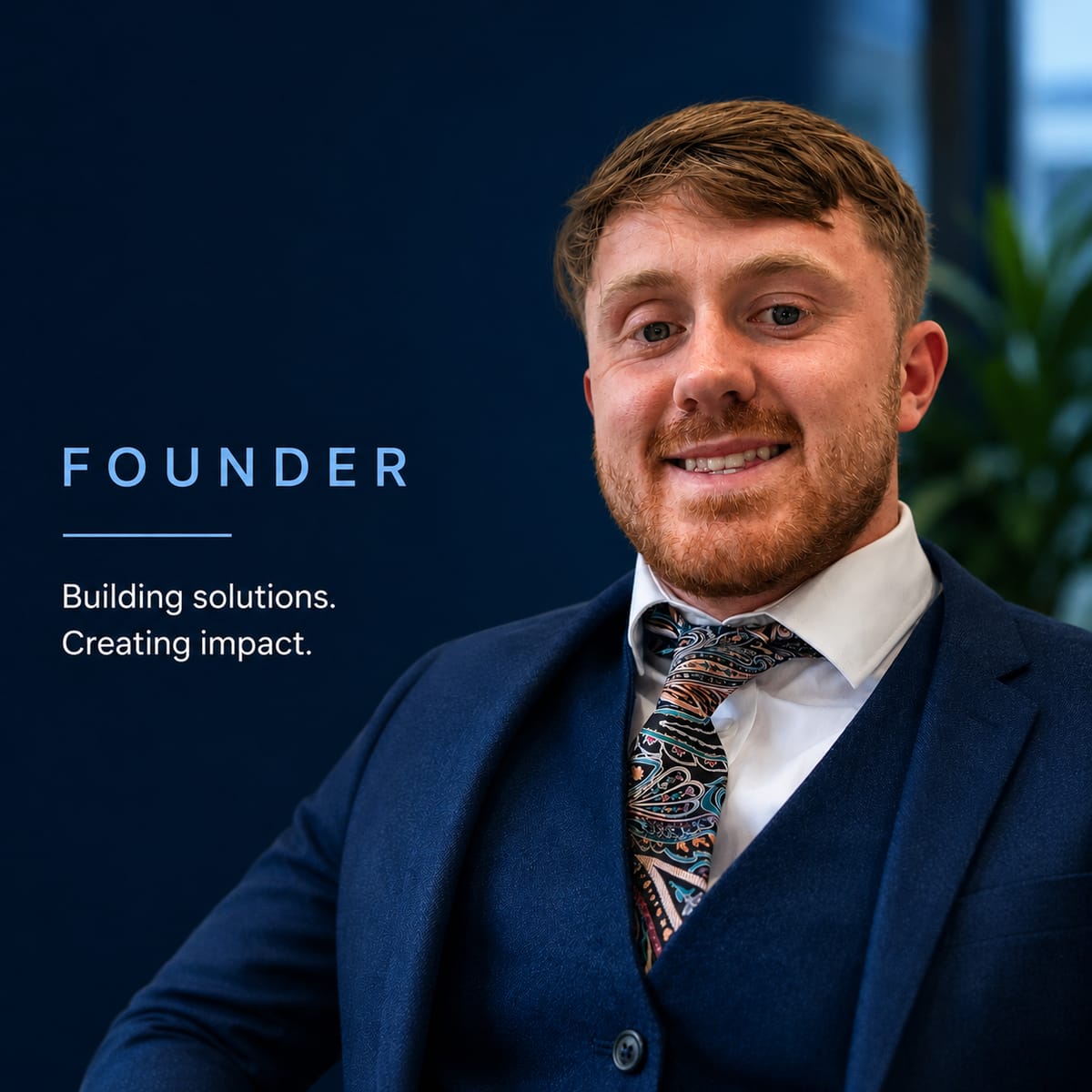 Joshua McAuliffe, founder of PipeLine Flow, in a navy three-piece suit