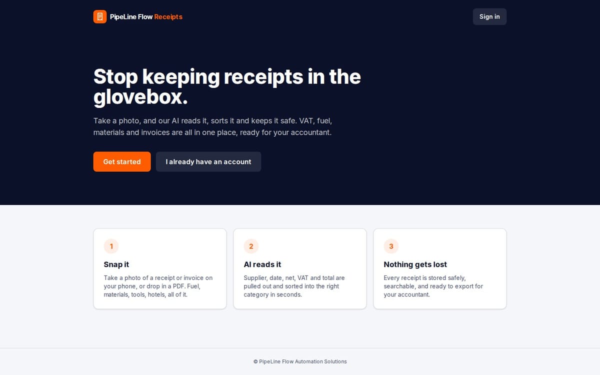 The PipeLine Flow Receipts app: snap a receipt, AI reads it and keeps it safe