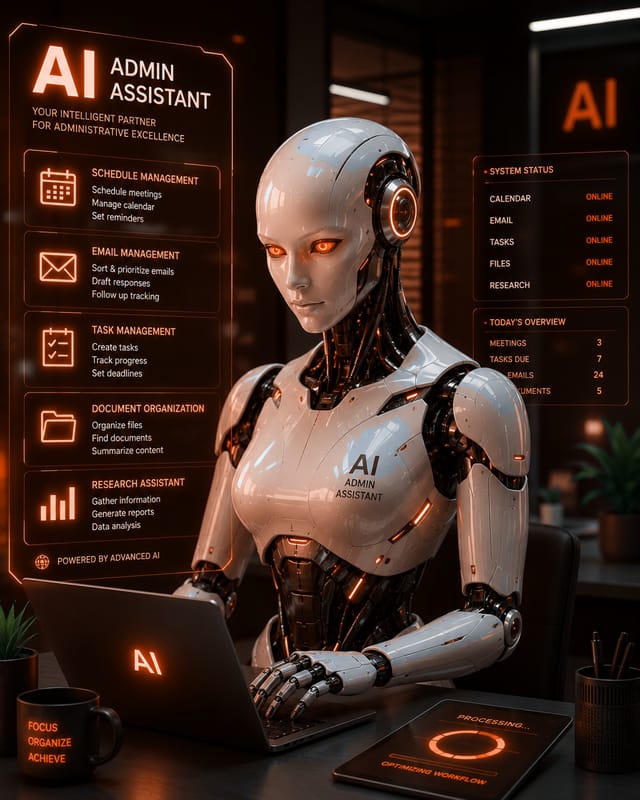 AI assistant robot working at a laptop beside an admin task dashboard